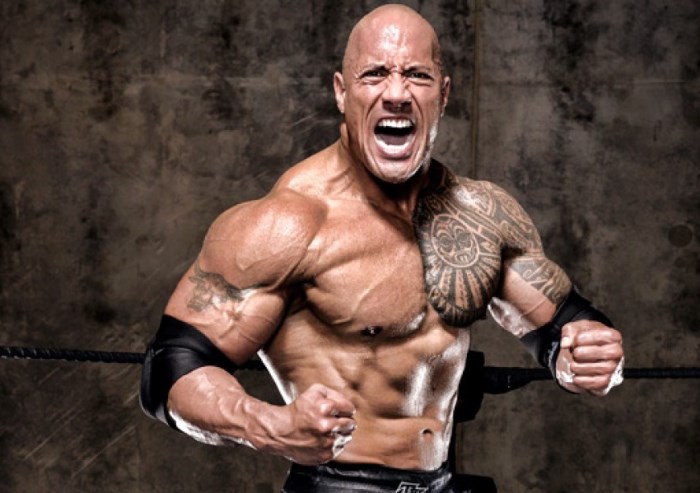 Dwayne Johnson The Rock in a fighting stance, posing for a photo with a pained grimace