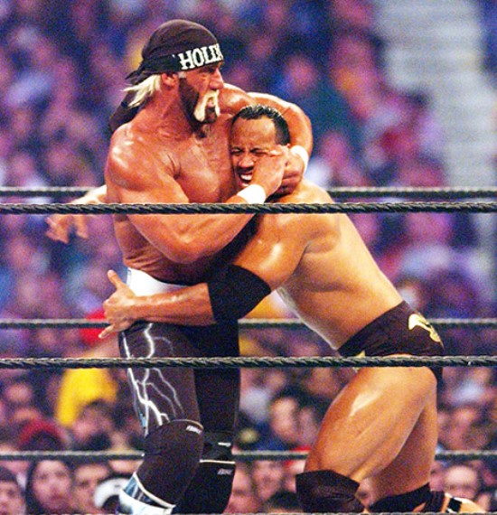 Dwayne Johnson The Rock wrestling with Hulk Hogan