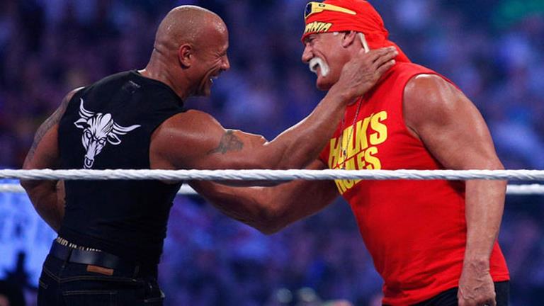 Dwayne Johnson The Rock and Hulk Hogan holding each other by the throat while smiling at each other