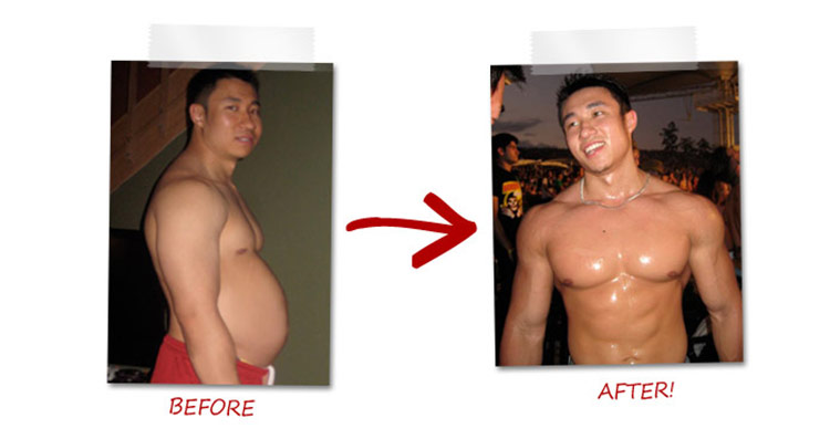 Mike Chang's transformation pictures, showing a picture of his belly on the left, and with a six pack on the right.