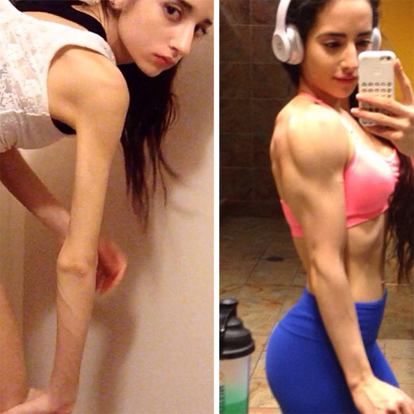 Another picture showing social media and fitness star, Sarah Ramadan's physical transformation - from anorexia sufferer to strong female athlete.