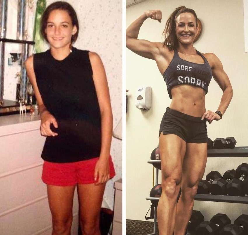 Erin Stern 10-year transformation - from a young normal looking girl to a fit model with muscular legs and shredded abs