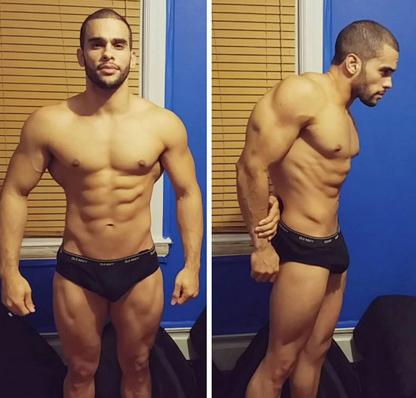 Alex Los Angeles standing and posing in two pictures side by side. One facing the camera, the other, standing sideways flexing his bicep