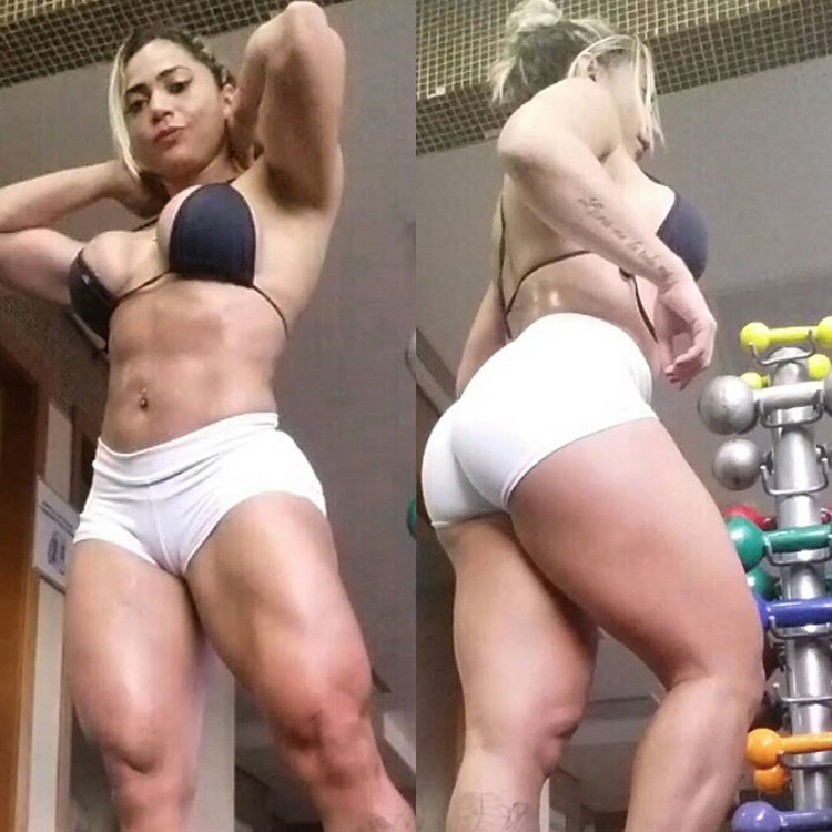 Gleycelilia Bracca standing side by side in two pictures, one where she's showing her glutes and hamstrings, and the other, where she's flexing her quads and abs while wearing short white shorts and a black bra 