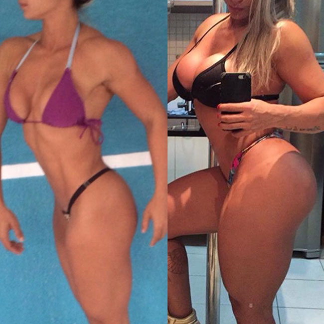 Gleycelilia Bracca standing side by side in two pictures showing her bodybuilding transformation into a muscular, and strong woman 