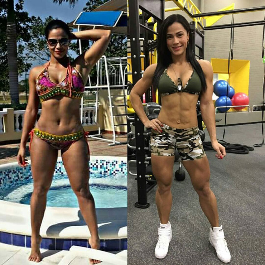 Luz Elena Echeverria Molina standing in two pictures comparing her bodybuilding transformation 