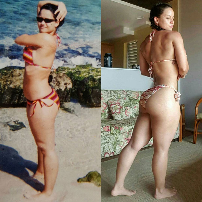 Renee Enos standing in two pictures side by side showing her transformation into a strong woman