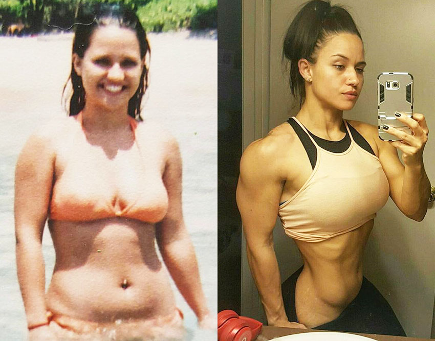 Renee Enos comparing two pictures. One where she is slightly overweight standing in the ocean, the other, standing in the bathroom looking muscular and strong