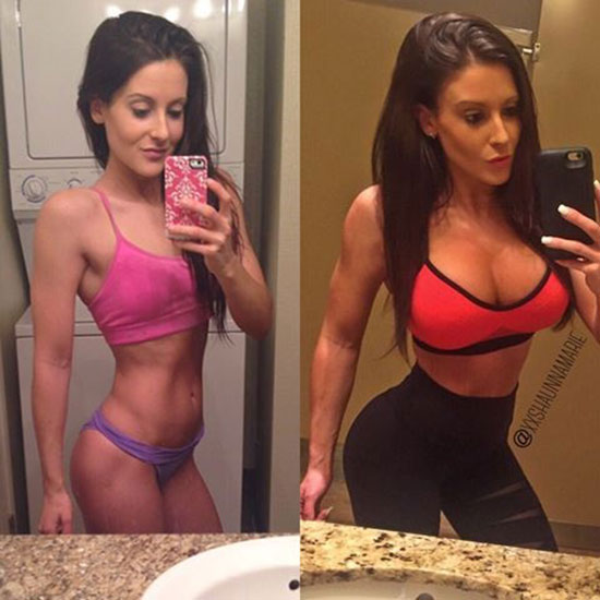 Shaunna Marie comapring two pictures of herself. The first one, she's skinny with no mucles. The second picture, she's looking fuller with more muscle 