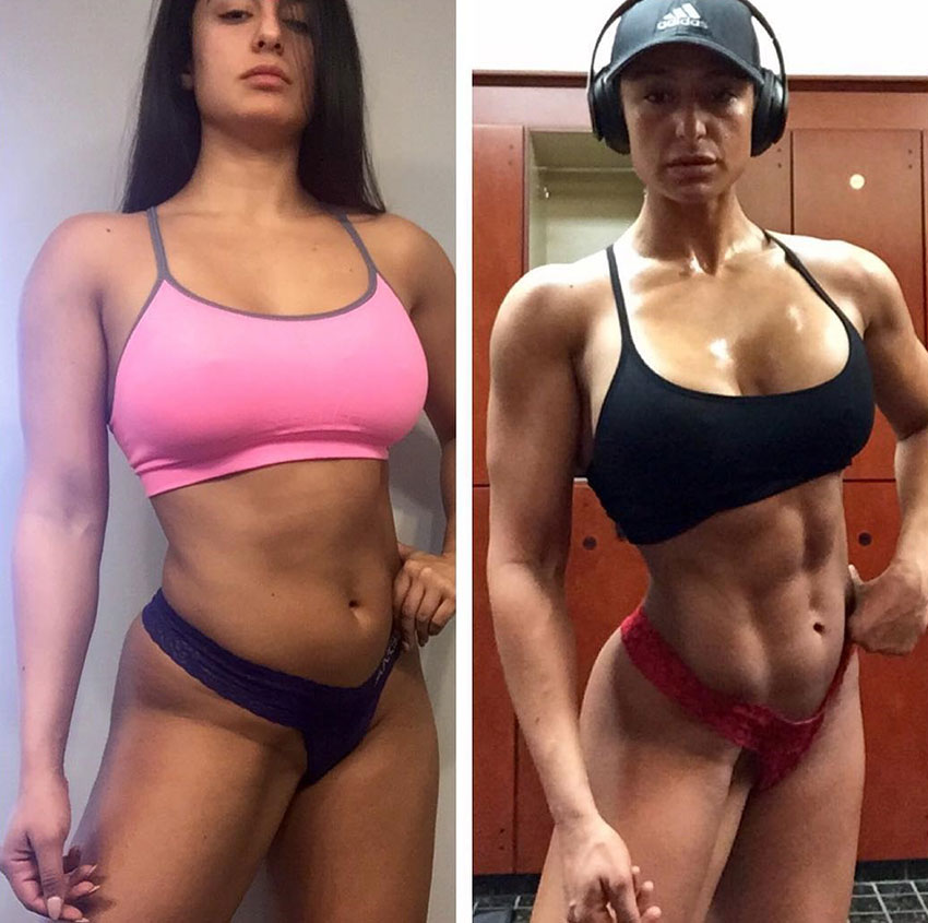 Valia Ayyar standing in two pictures showing her transformation with flexed abs