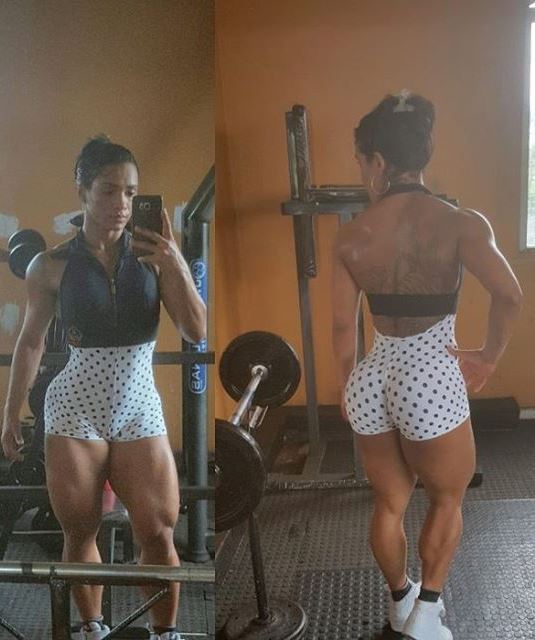 Clarice Andrade showing her ripped legs, calves, back, and arms, posing in a gym