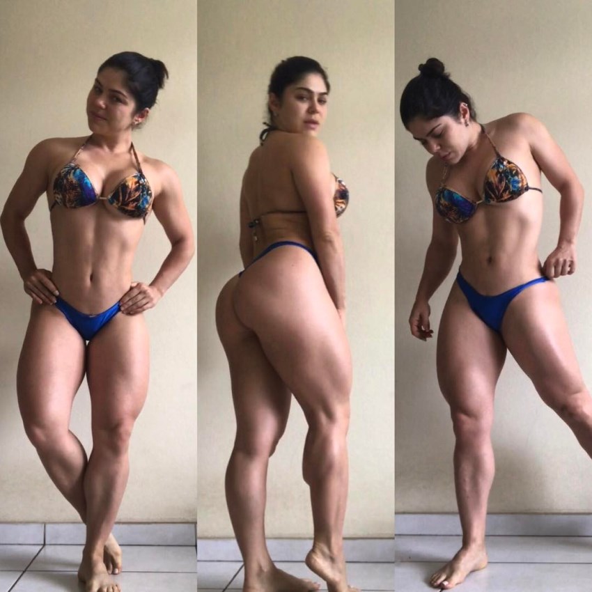 Flavia Baraky Tavares in three different poses on the picture, showing her entire sculpted body