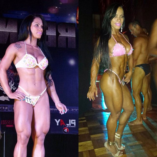 Izabelly Araujo on the stage in a bikini outfit, looking ripped and stage-ready