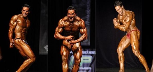 Layne Norton in three different poses on the bodybuilding stage