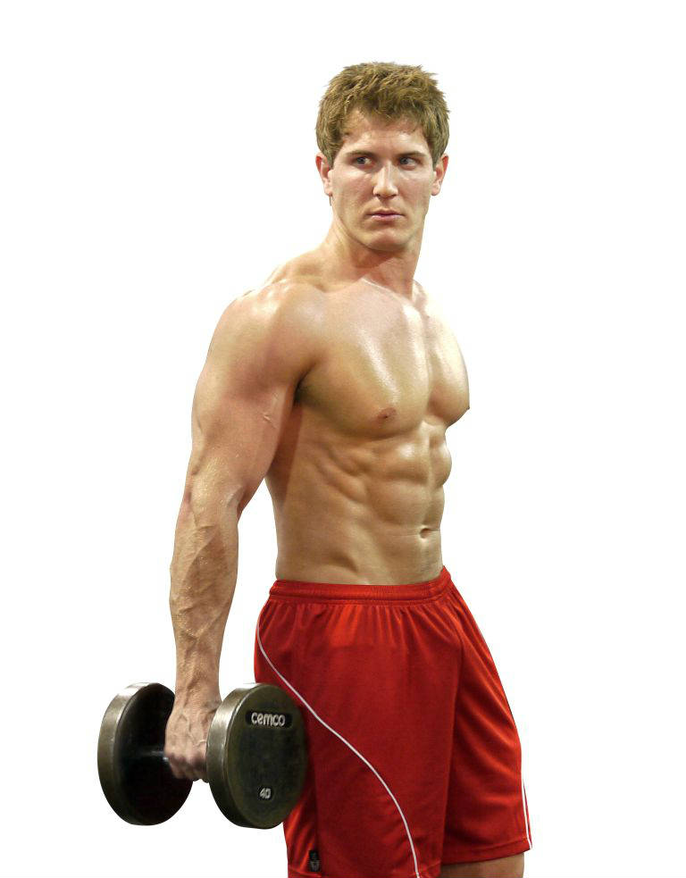 scott herman with red shorts on holding a dumbbell