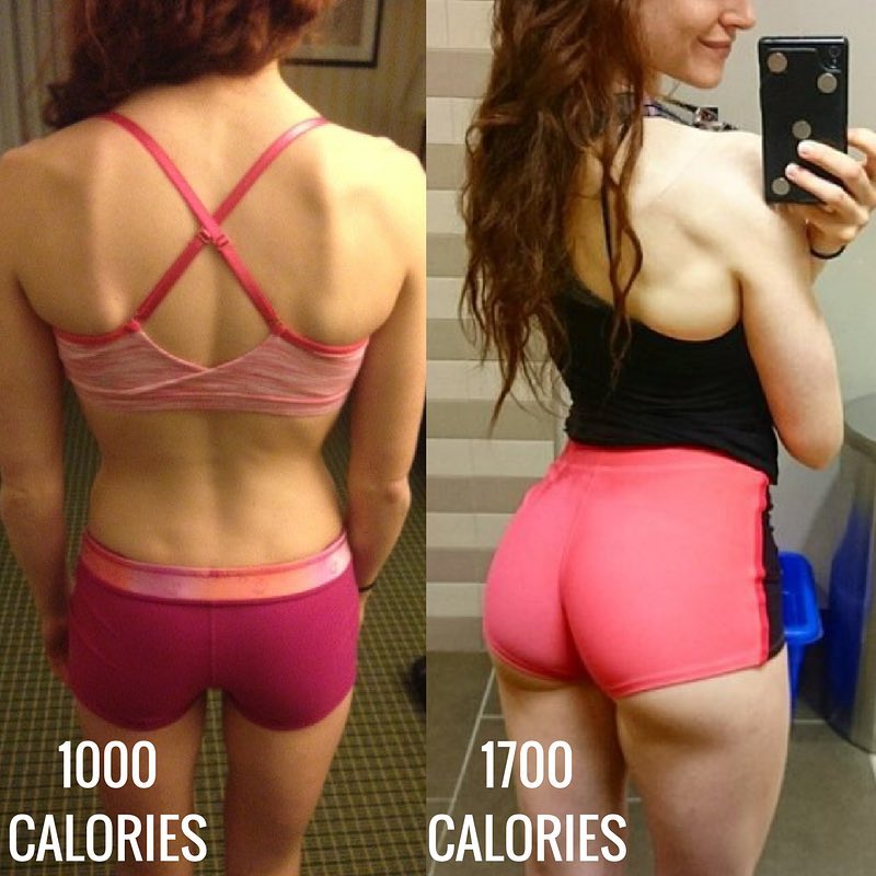 Abby Pollocks physique transformation from 1000 calories to 1700 calories per day, showing her well-toned glutes and arms