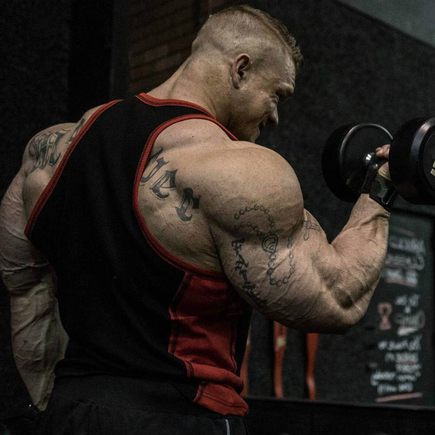 Dallas Mccarver completing a dumbbell bicep curl, showing off his large triceps and delts