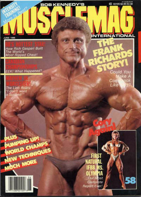 Frank Richards on the front of Bob Kennedy's muscle mag in the 1960's, showing his ripped abs and large arms