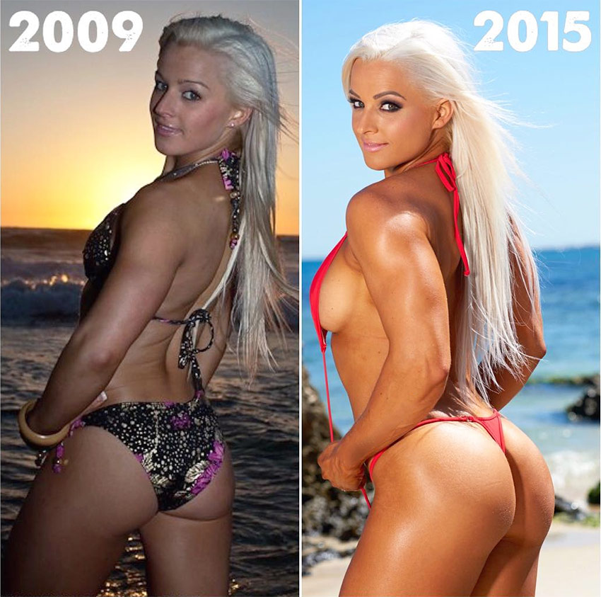 A picture of Jade Mead's transformation from 2009 to 2015, showing the extent of her lean muscle gain and fat loss.