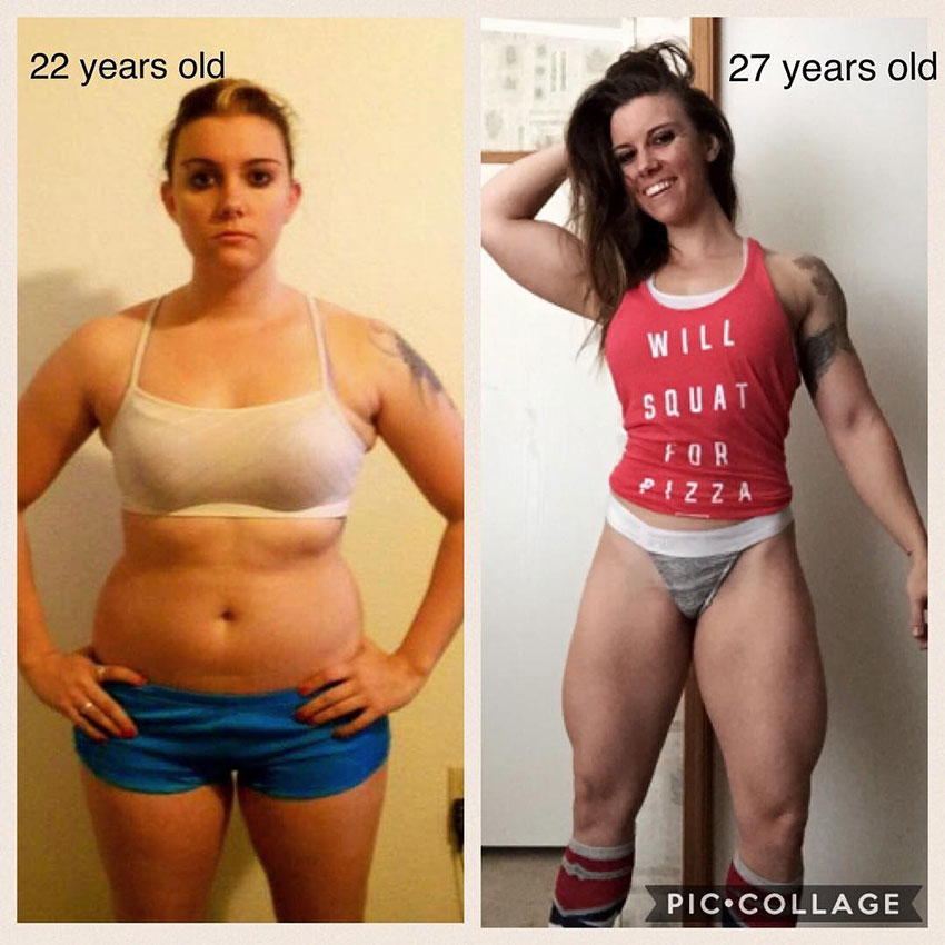 Kristina Moser in two pictures standing side by side. The first one, at the age of 22 looking overweight, the second picture at 27 looking muscular and happy