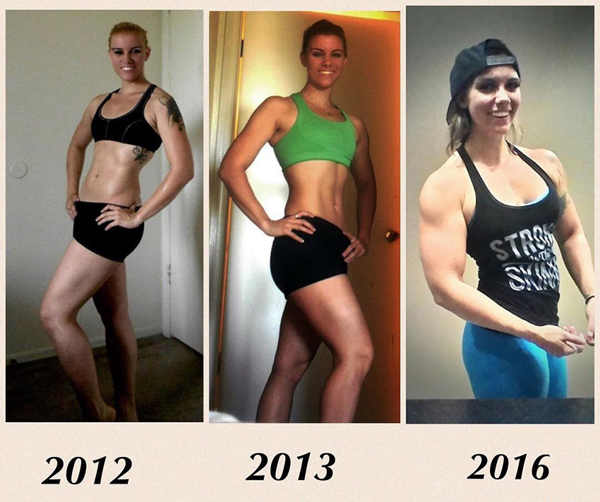 Kristina Moser comparing her body transformation over the years from skinny, to muscular 