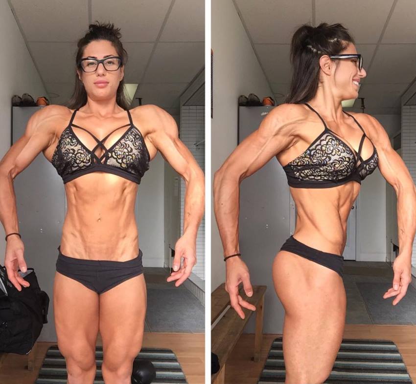 Two side-to-side pictures of Margherita Di Bari in a front lat spread pose, and side pose, flexing her legs, abs, and arms