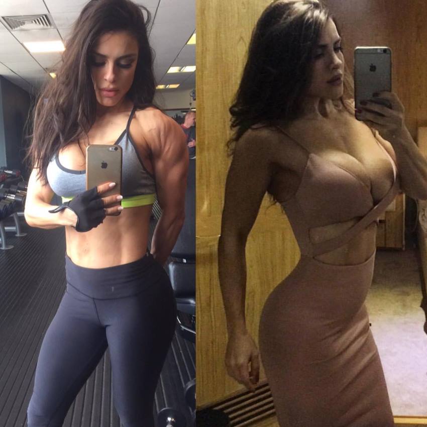 Two different pictures of Maya Abou Rouphael, one being a selfie in gym sportswear, and the other one also a selfie in a silky dress