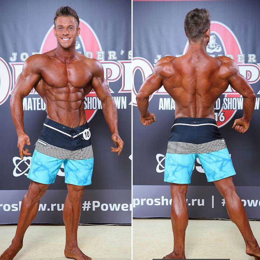 Ondrej Kmostak showing his front and back profile before the Joe Weider competition