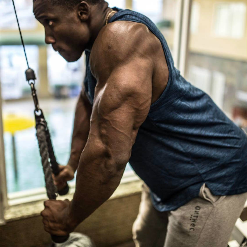 Robert Timms completing a tricep pulldown, showing his large triceps and delts