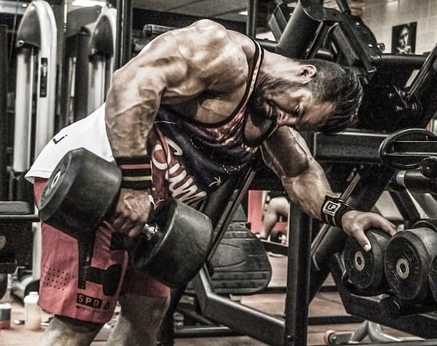 Babak Akbarniya doing heavy dumbbell bent over rows, looking massive and aesthetic