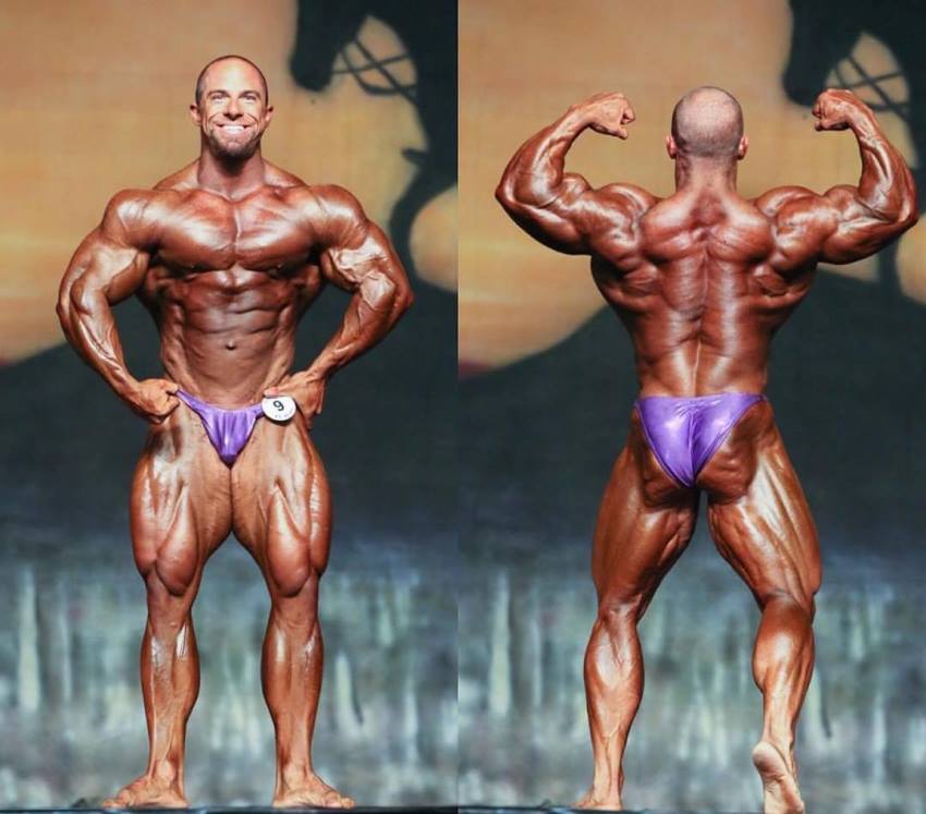 John Jewett in two different poses on the bodybuilding stage, one is front most muscular, the other one is back double biceps, looking extremely ripped and big in both poses