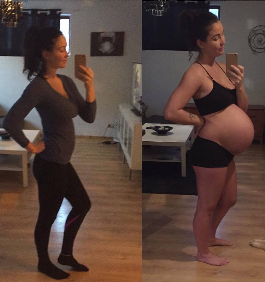 Karen Lind Thompson's transformation, on the right pregnant with a baby, and on the left, only several months later, fit and awesome looking