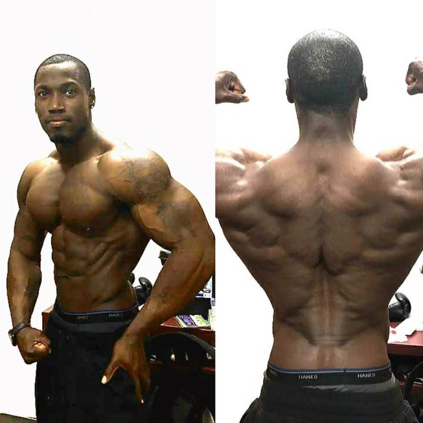 Otto Montgomery in two different poses, showcasting his ripped and muscular chest and arms in the one picture, and his aesthetic back in the other picture
