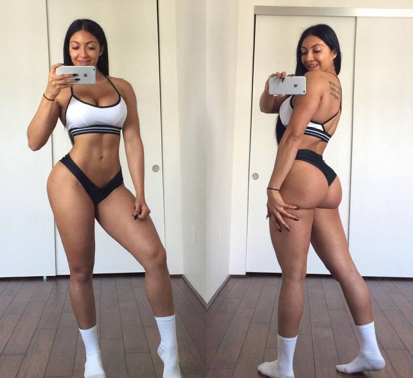 Two different selfies of Sumeet Sahni, one in a front pose, flexing her abs, and the other one showing her amazing glutes