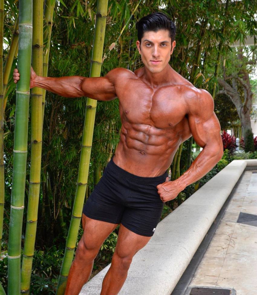 Jonny Bernstein hanging onto sugar cane, shirtless and tanned up, looking ripped and aesthetic