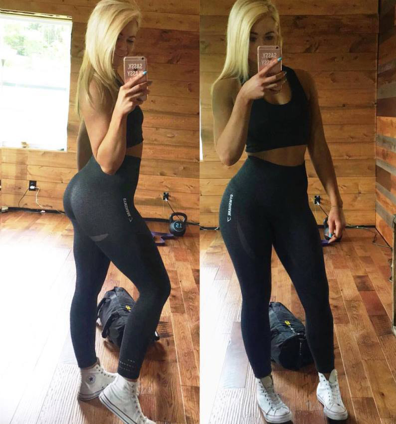 Leeci Knight taking two different selfie, one showing her glutes and legs in yoga pants from the side, and one showing her awesome fit looks from the front