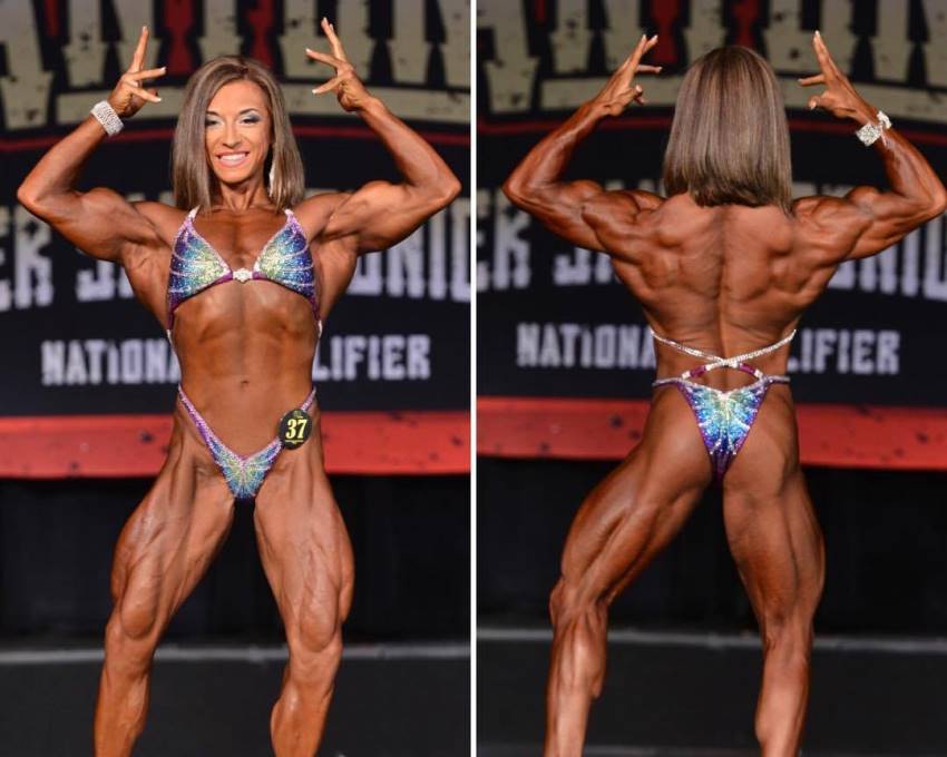 Michaela Aycock in two different poses on the stage, showing her ripped front body, as well as her back, glutes, and legs