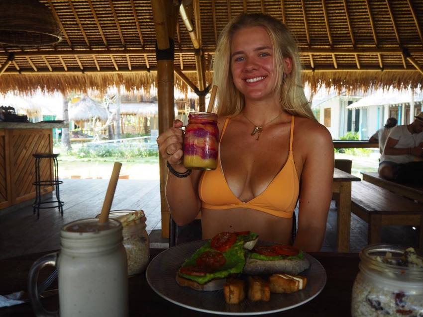 Grace Beverley eating fruit and vegetable salad, looking healthy and happy