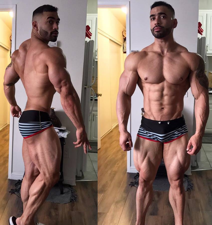 Jamie LeRoyce in two different poses, showing his ripped back, legs, chest, abs, and arms