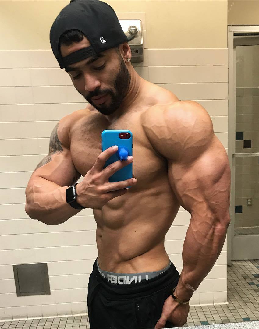 Jamie LeRoyce taking a selfie of his ripped and vascular arms and shoulders