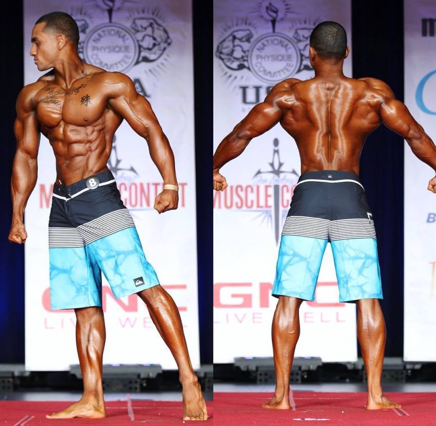 Marvin Moss III in two different poses on the Men's Physique stage, looking ripped and muscular