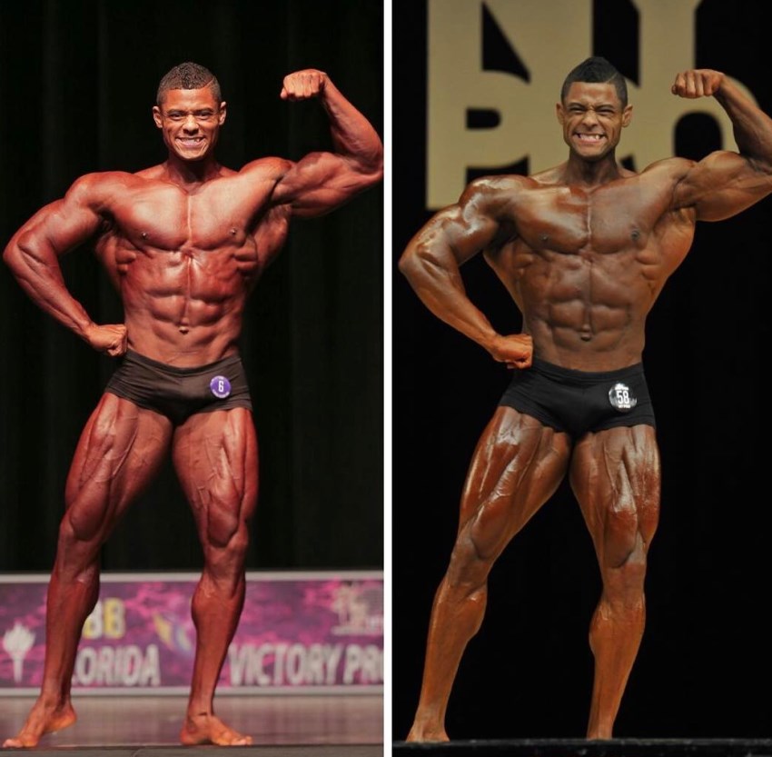 Transformation photo of Robert Galva on the stage, with the picture on the right showing improved version or Robert, having more muscle mass