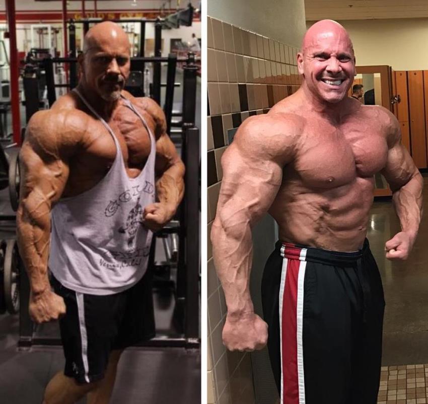 Stan Efferding in two pictures, one with a tank top, one shirtless, looking ripped and huge in both