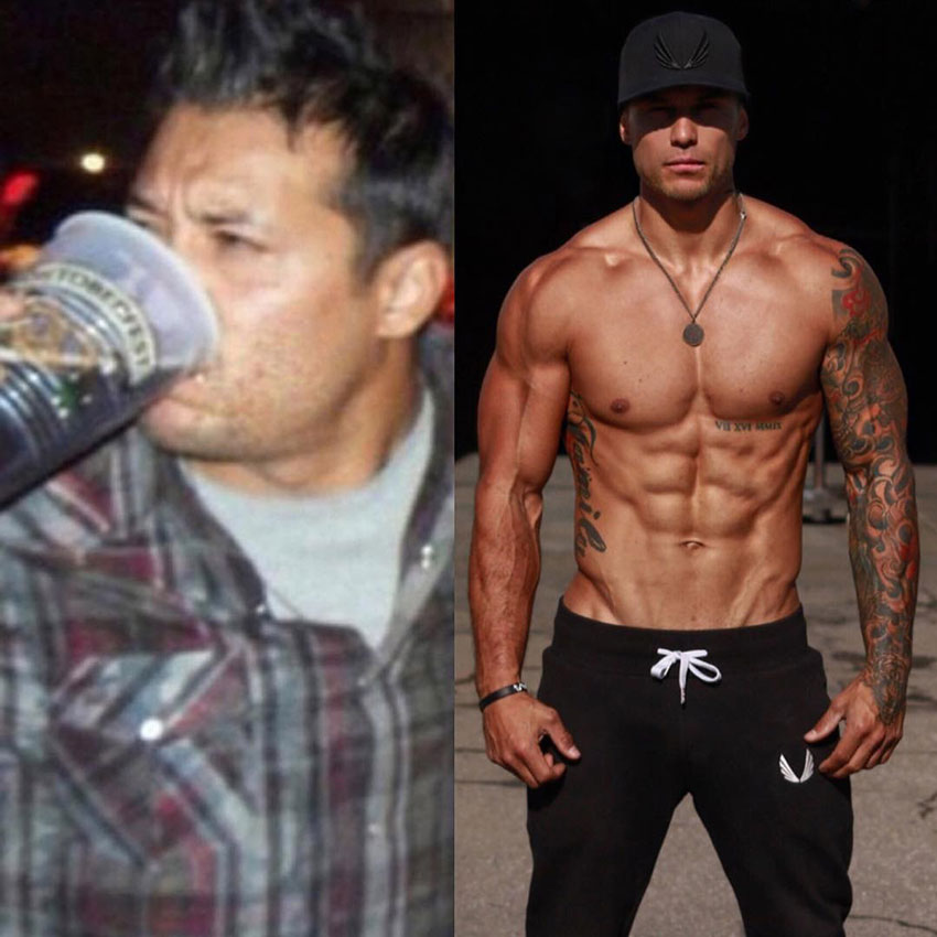 Michael Vazquez before he became involved in fitness compared to how he looks now.