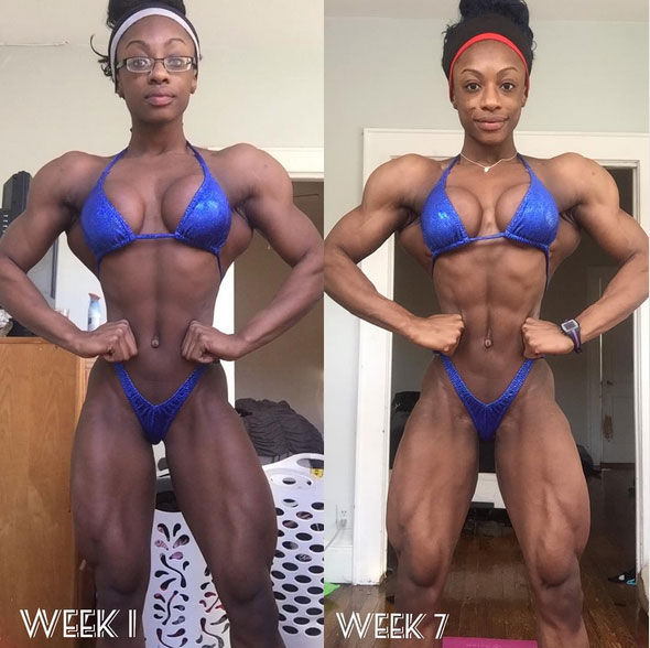 Shanique Grant before compared to after she was training for a competition.