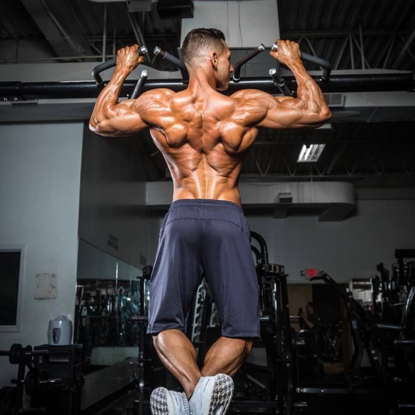 Anthony Scalza doing pull ups shirtless, his back looking ripped