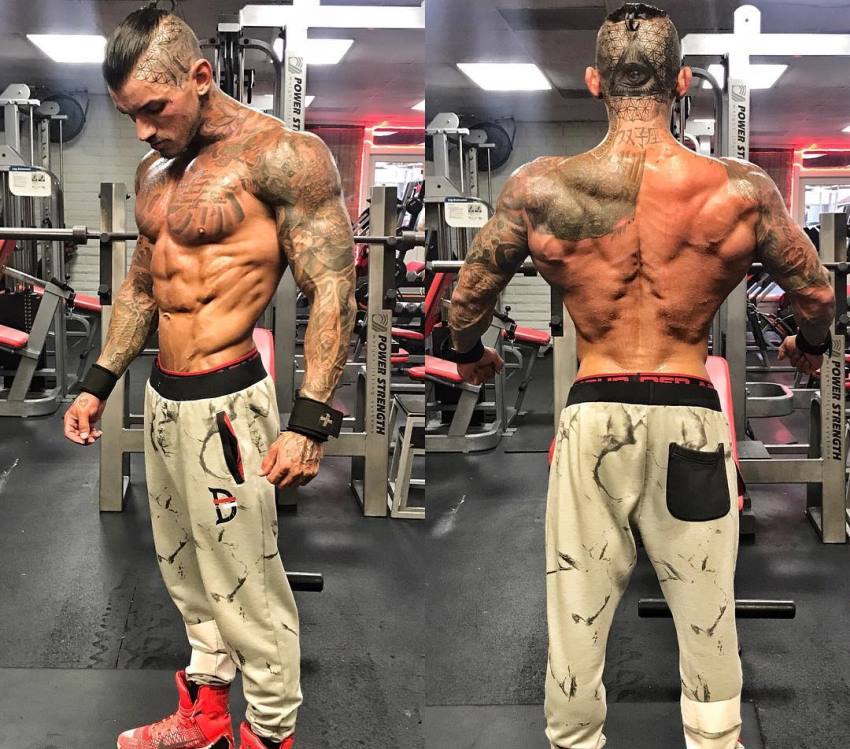 Devin Physique in two different poses, shirtless in the gym, showcasting his back, abs, and chest