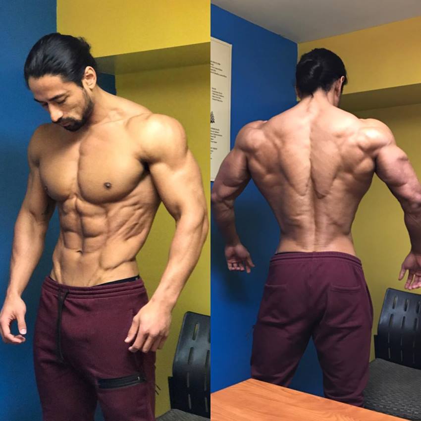 Justin Gonzales in two different poses showing his ripped back and front body