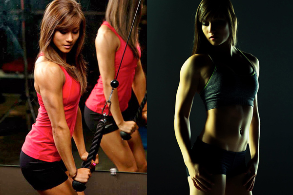 Kimberly Marie in two different pictures, training her triceps and posing for a photo showing her lean muscles