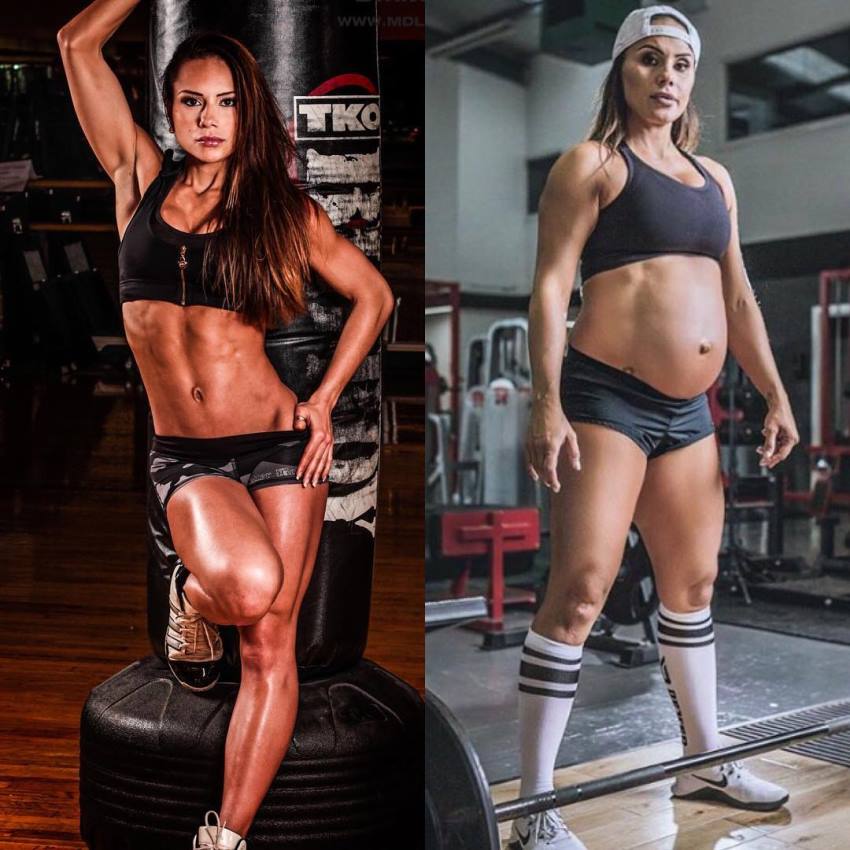 Nathalia Melo before and during her pregnancy